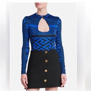 VINTAGE VERSACE BLACK AND BLUE GRECA BODYSUIT